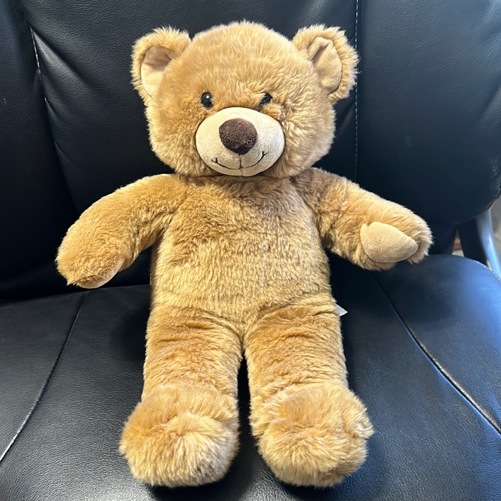 Build a bear teddy bear, medium length hair and light brown. 14”. Glass brn eyes